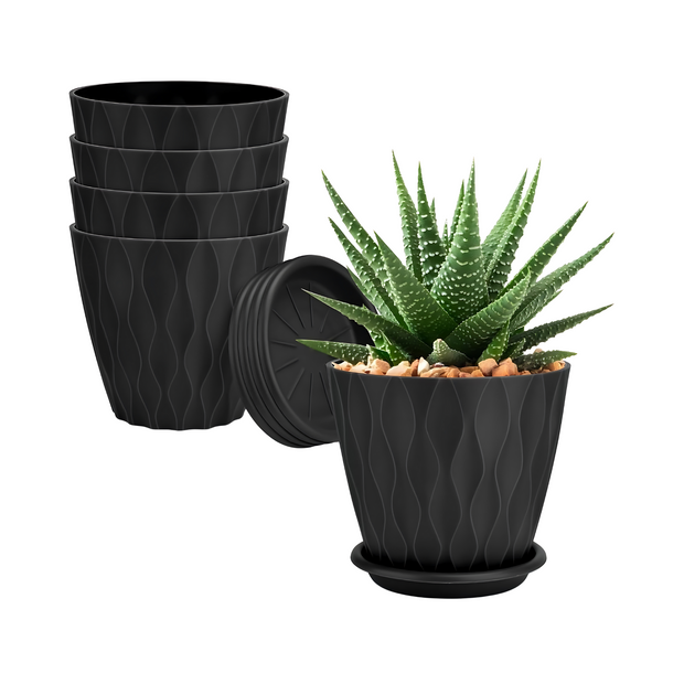 Black Plastic Plant Pots Modern Indoor Outdoor Flower Planter Set