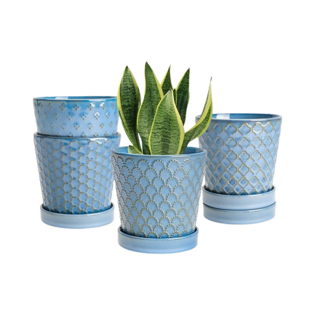 Blue Ceramic Indoor Planters Set with Drainage Tray