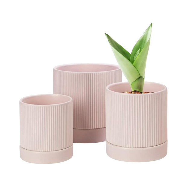 Ceramic Plant Pots Modern Decorative Flower Planters Pink Vertical Stripes