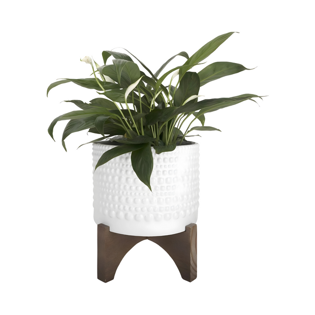 Ceramic Planter With Wood Stand White Indoor Flower Pot Retro