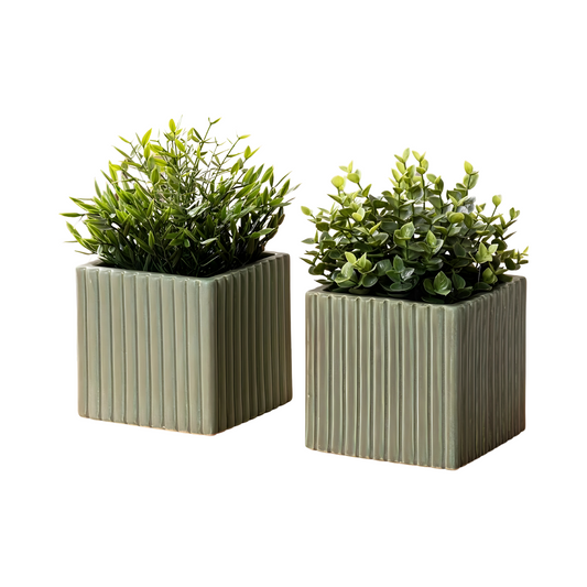 Ceramic Square Plant Pots with Ribbed Design Indoor Outdoor Planters