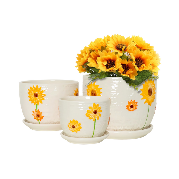 Ceramic Sunflower Flower Pots Indoor Outdoor Planters with Drainage Saucer