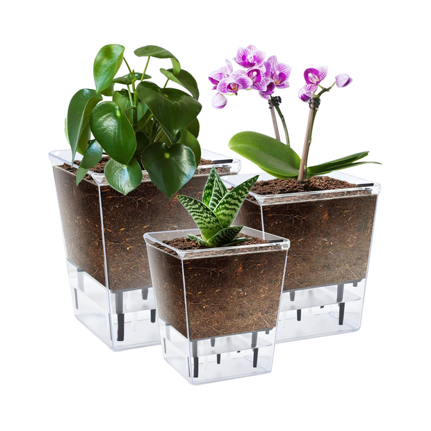 Clear Self Watering Planter Pots Indoor Outdoor Modern Plant Containers