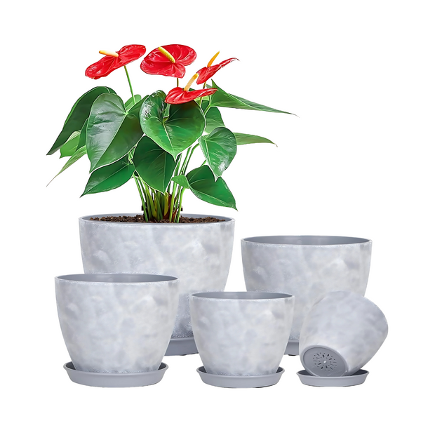 Gray Plastic Planter Pots with Drainage and Saucer for Plants