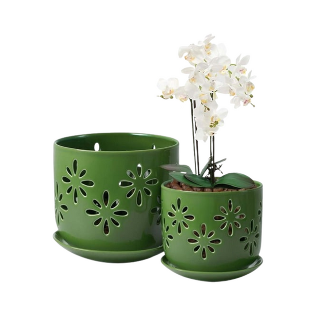 Green Ceramic Flower Pots with Drainage for Indoor Plants