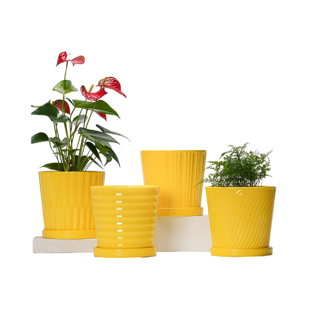 Yellow Ceramic Planter Pots Indoor Outdoor Flower Containers With Saucers